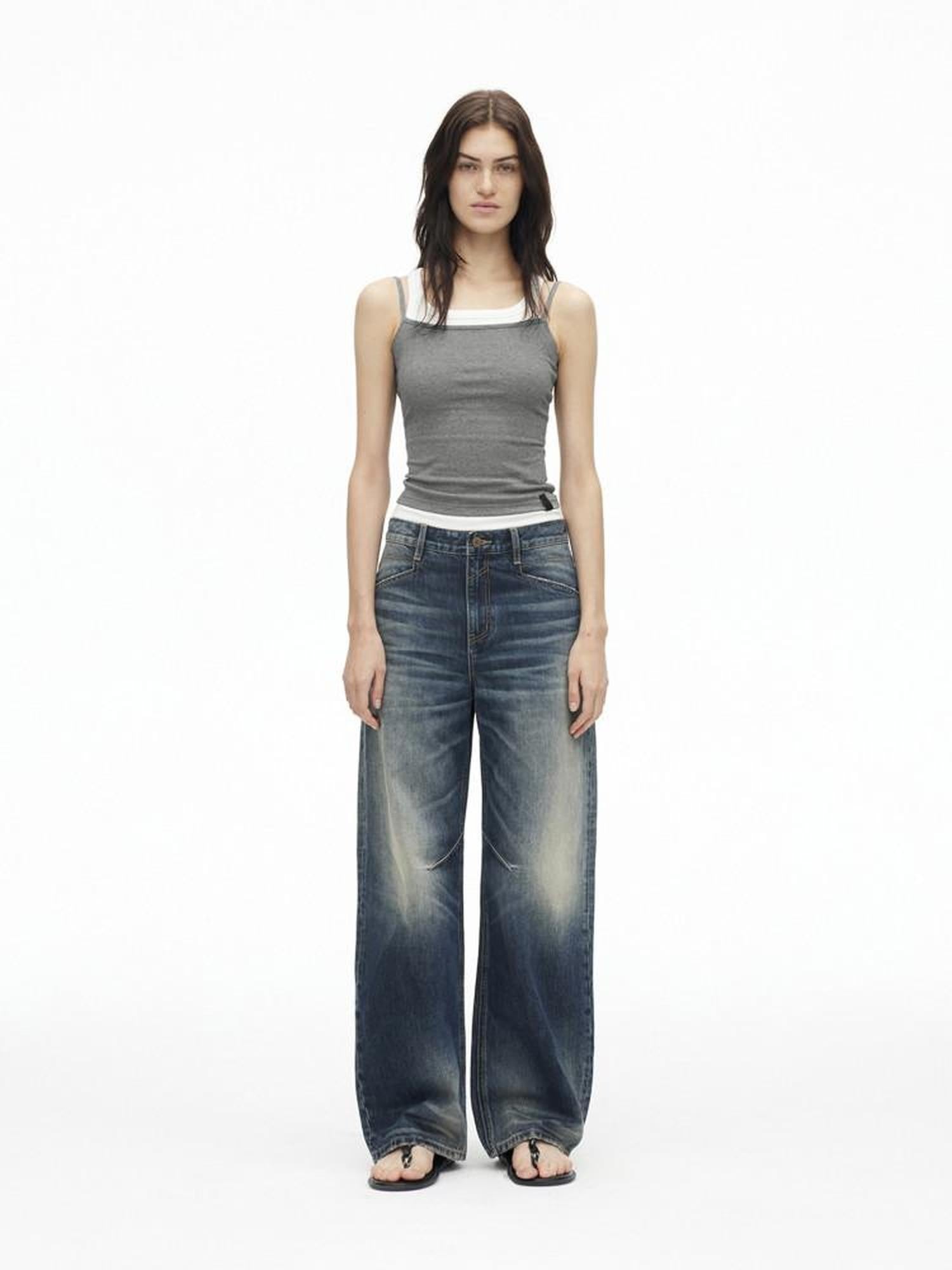 AFTADAWN Deep Blue Washed Low Waist Loose Straight Curved Leg Women&