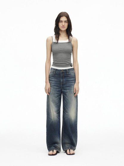 AFTADAWN Deep Blue Washed Low Waist Loose Straight Curved Leg Women&