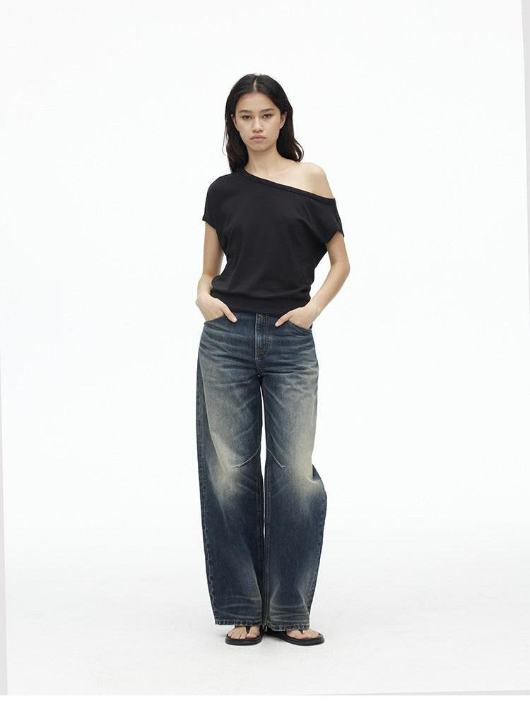 AFTADAWN Deep Blue Washed Low Waist Loose Straight Curved Leg Women&