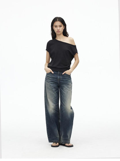 AFTADAWN Deep Blue Washed Low Waist Loose Straight Curved Leg Women&