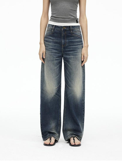 AFTADAWN Deep Blue Washed Low Waist Loose Straight Curved Leg Women&