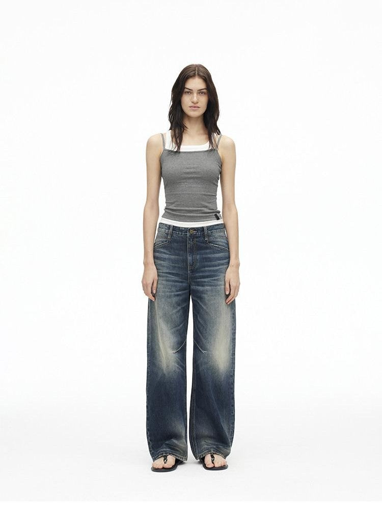 AFTADAWN Deep Blue Washed Low Waist Loose Straight Curved Leg Women&