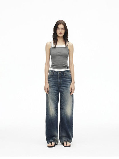 AFTADAWN Deep Blue Washed Low Waist Loose Straight Curved Leg Women&