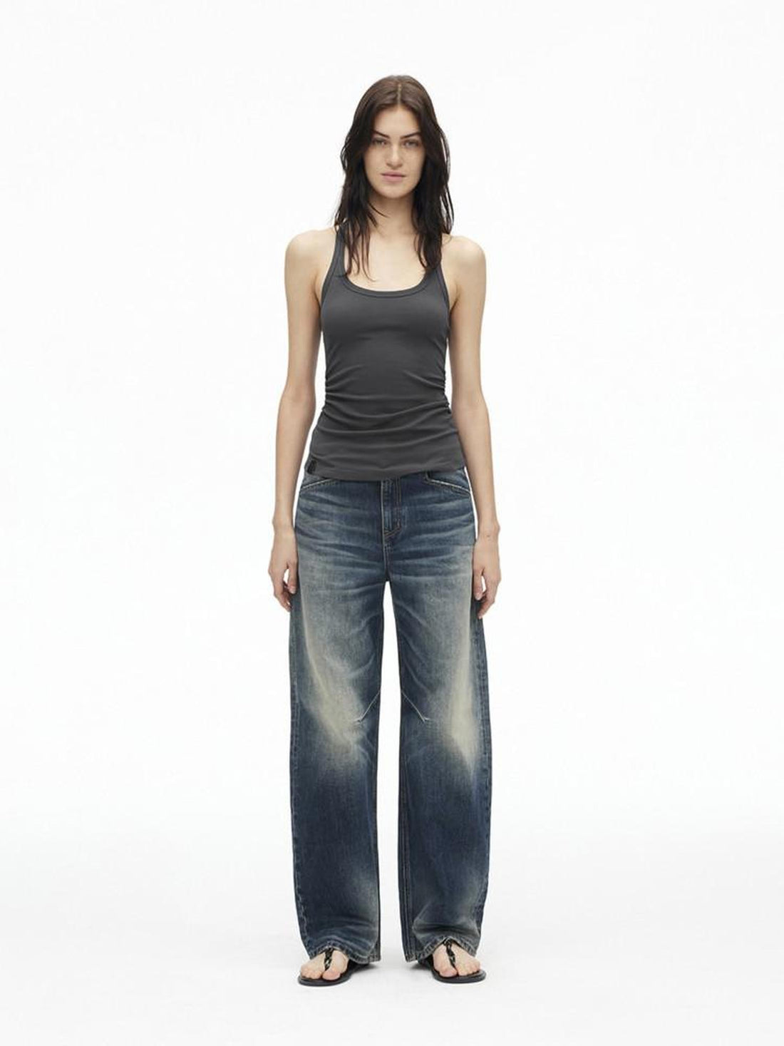 AFTADAWN Deep Blue Washed Low Waist Loose Straight Curved Leg Women&