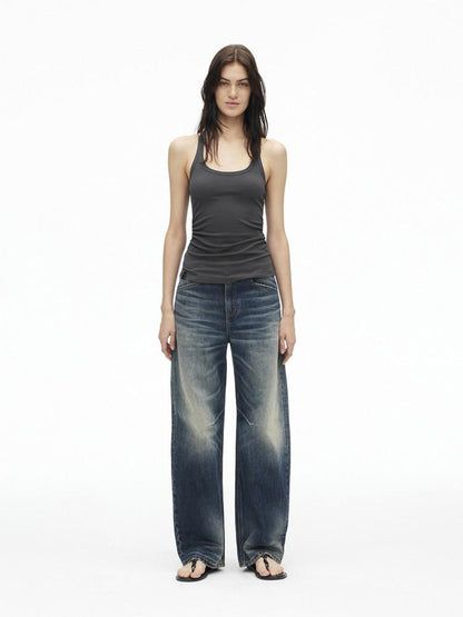 AFTADAWN Deep Blue Washed Low Waist Loose Straight Curved Leg Women&