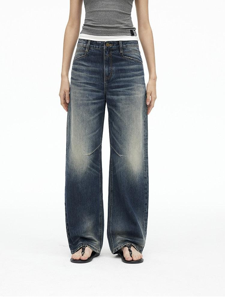 AFTADAWN Deep Blue Washed Low Waist Loose Straight Curved Leg Women&
