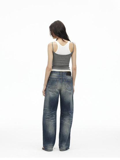 AFTADAWN Deep Blue Washed Low Waist Loose Straight Curved Leg Women&