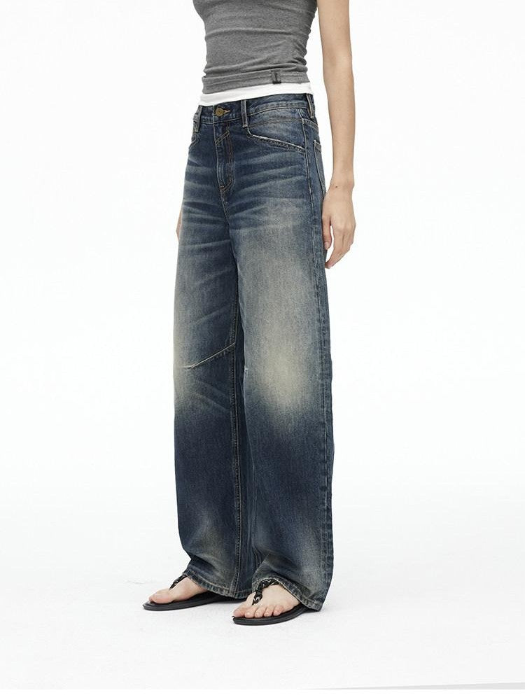 AFTADAWN Deep Blue Washed Low Waist Loose Straight Curved Leg Women&