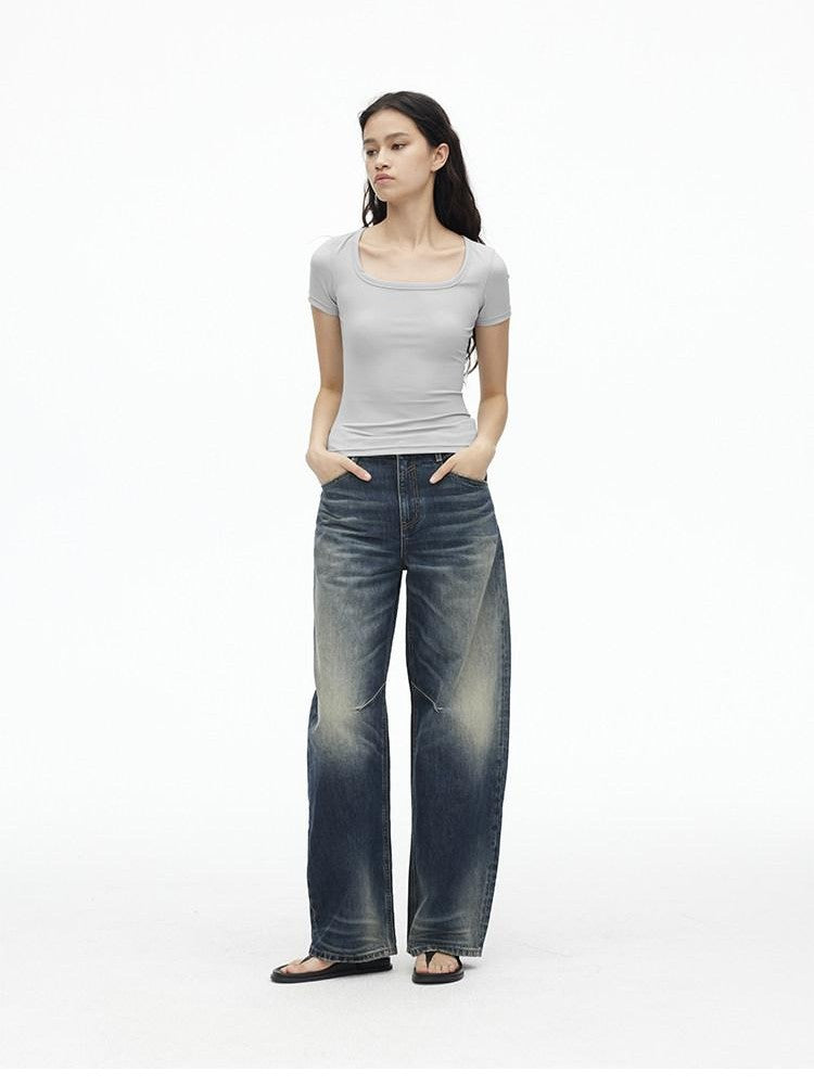 AFTADAWN Deep Blue Washed Low Waist Loose Straight Curved Leg Women&