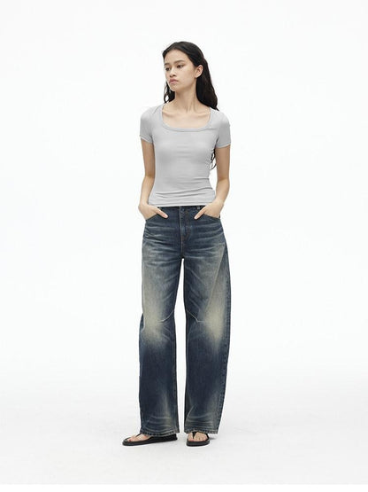 AFTADAWN Deep Blue Washed Low Waist Loose Straight Curved Leg Women&