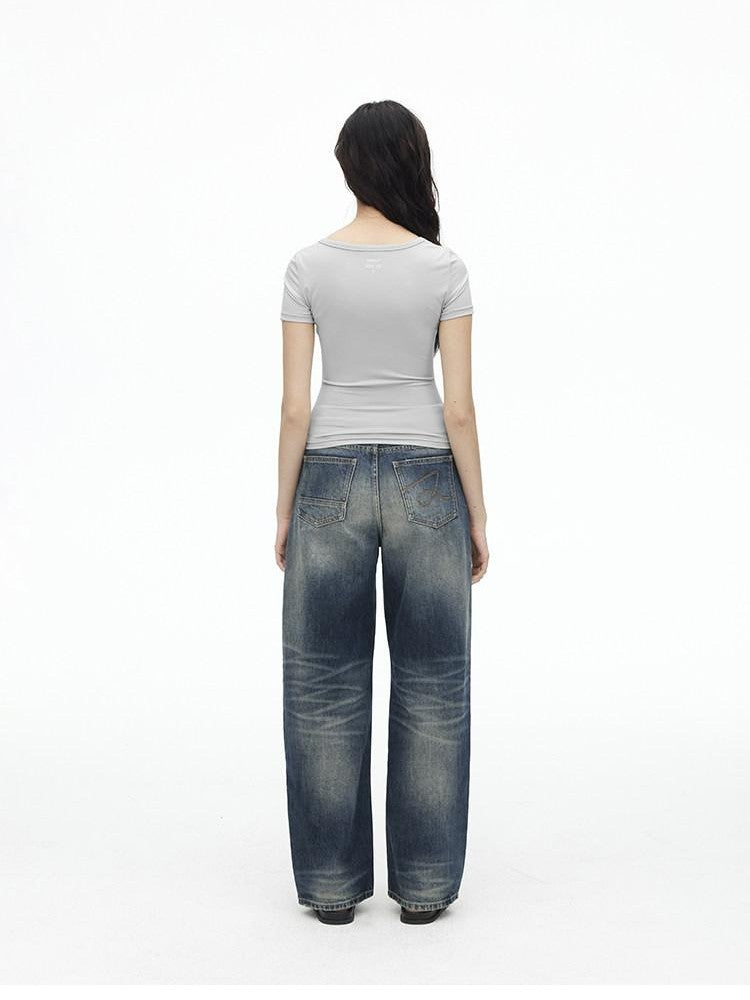 AFTADAWN Deep Blue Washed Low Waist Loose Straight Curved Leg Women&