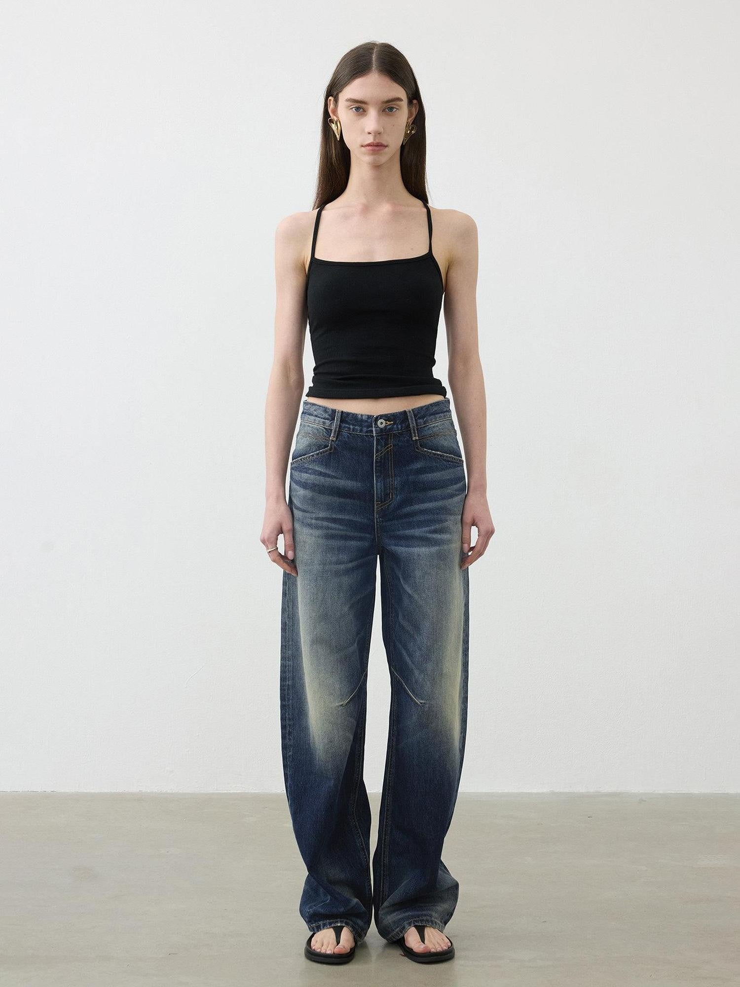 AFTADAWN Deep Blue Washed Relaxed Mid Low Rise Women&