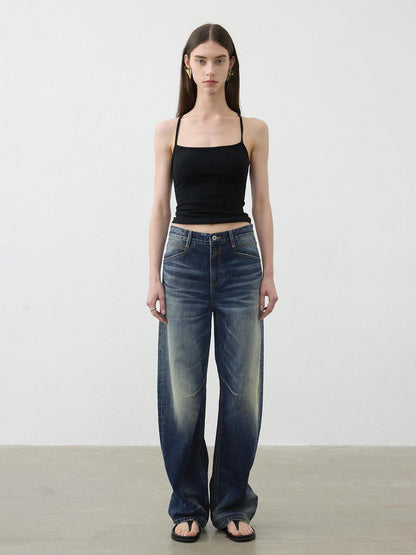 AFTADAWN Deep Blue Washed Relaxed Mid Low Rise Women&