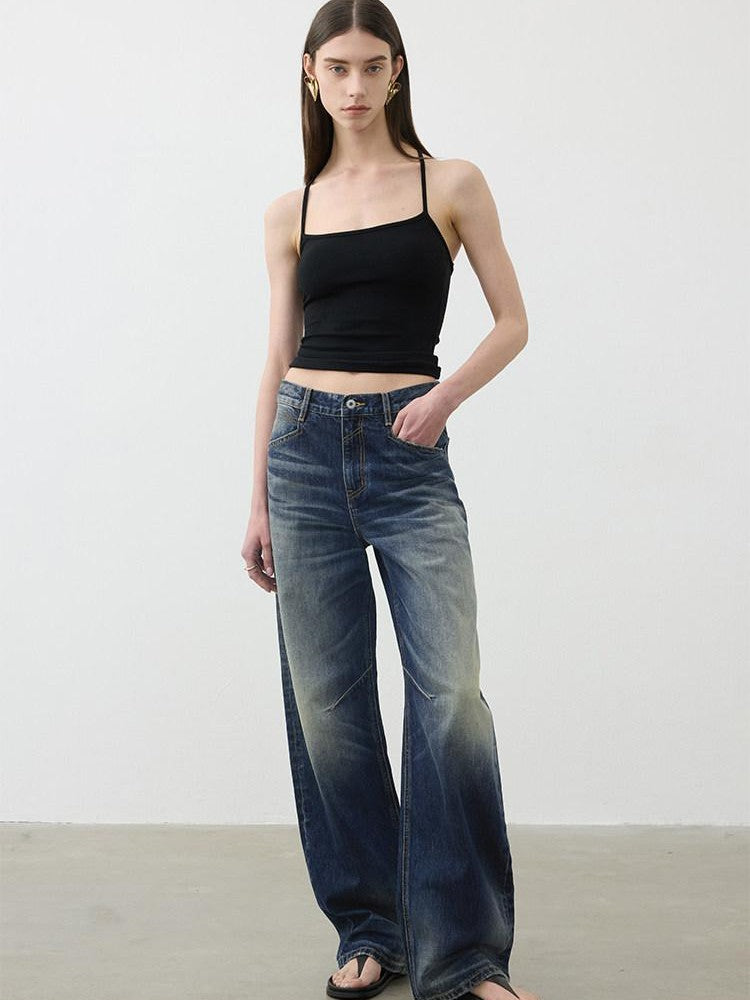 AFTADAWN Deep Blue Washed Relaxed Mid Low Rise Women&