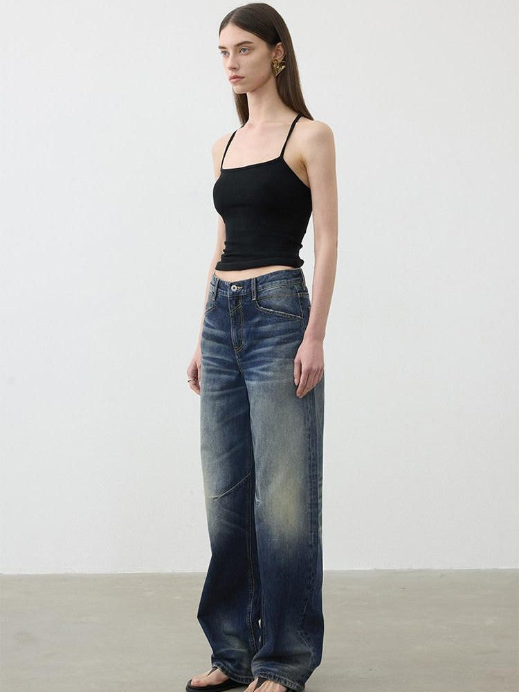 AFTADAWN Deep Blue Washed Relaxed Mid Low Rise Women&