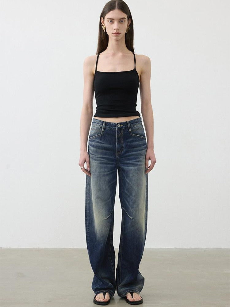AFTADAWN Deep Blue Washed Relaxed Mid Low Rise Women&