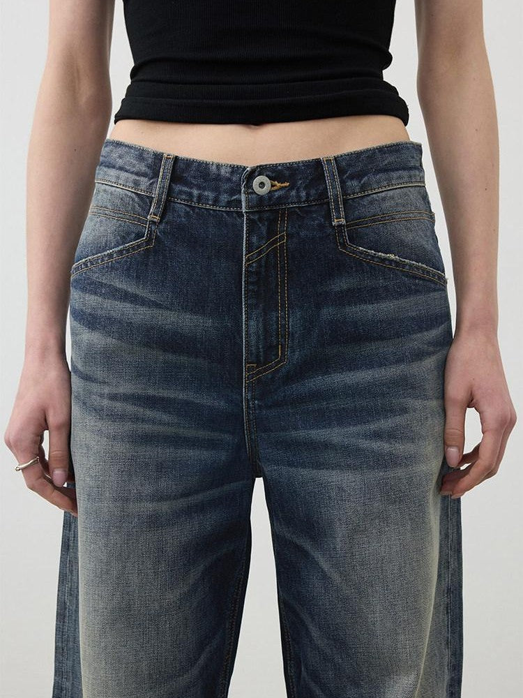 AFTADAWN Deep Blue Washed Relaxed Mid Low Rise Women&