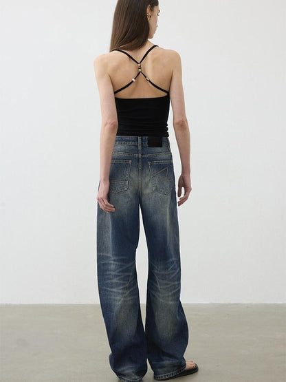 AFTADAWN Deep Blue Washed Relaxed Mid Low Rise Women&