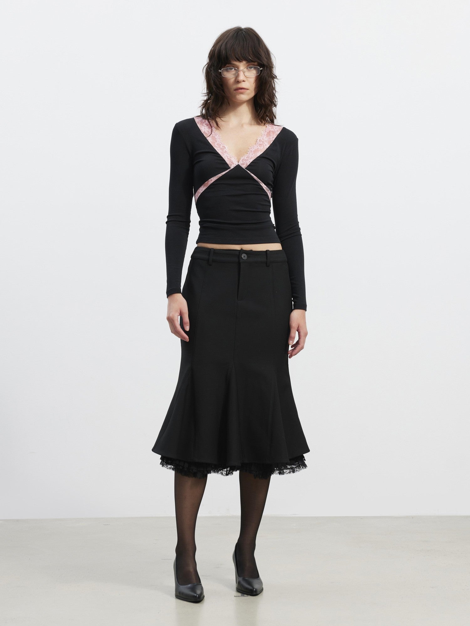 AFTADAWN Deep V Lace Splice Colorblock Slim Fit Women&