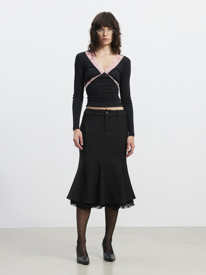 AFTADAWN Deep V Lace Splice Colorblock Slim Fit Women&