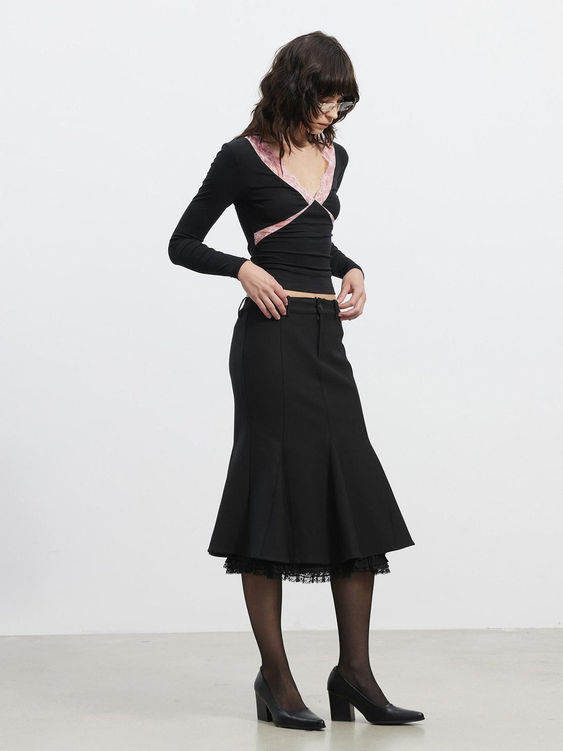 AFTADAWN Deep V Lace Splice Colorblock Slim Fit Women&