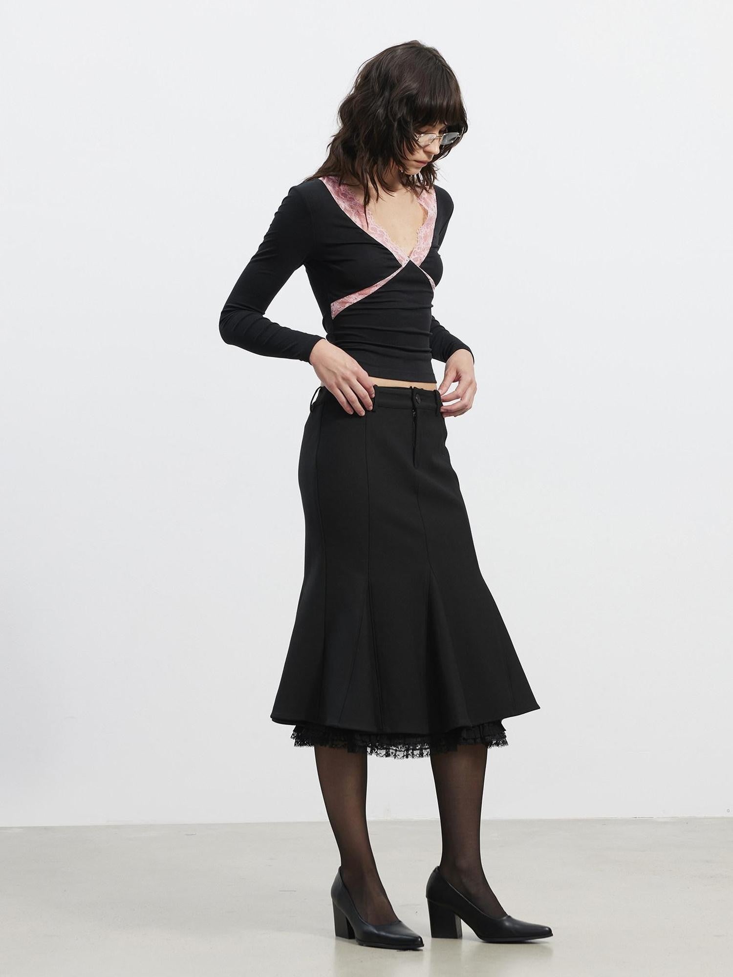 AFTADAWN Deep V Lace Splice Colorblock Slim Fit Women&