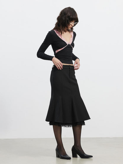 AFTADAWN Deep V Lace Splice Colorblock Slim Fit Women&