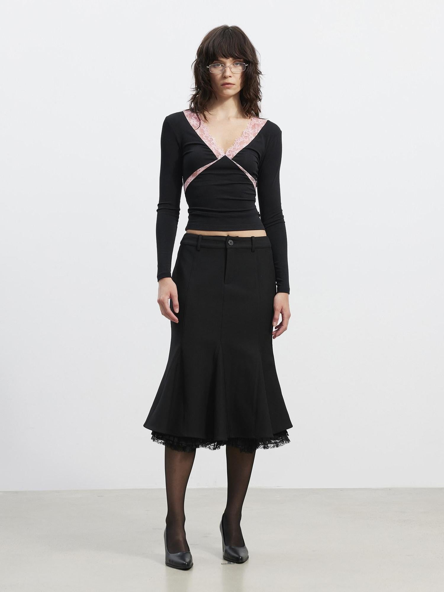 AFTADAWN Deep V Lace Splice Colorblock Slim Fit Women&