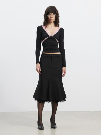 AFTADAWN Deep V Lace Splice Colorblock Slim Fit Women&