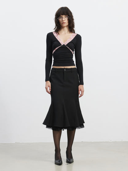 AFTADAWN Deep V Lace Splice Colorblock Slim Fit Women&