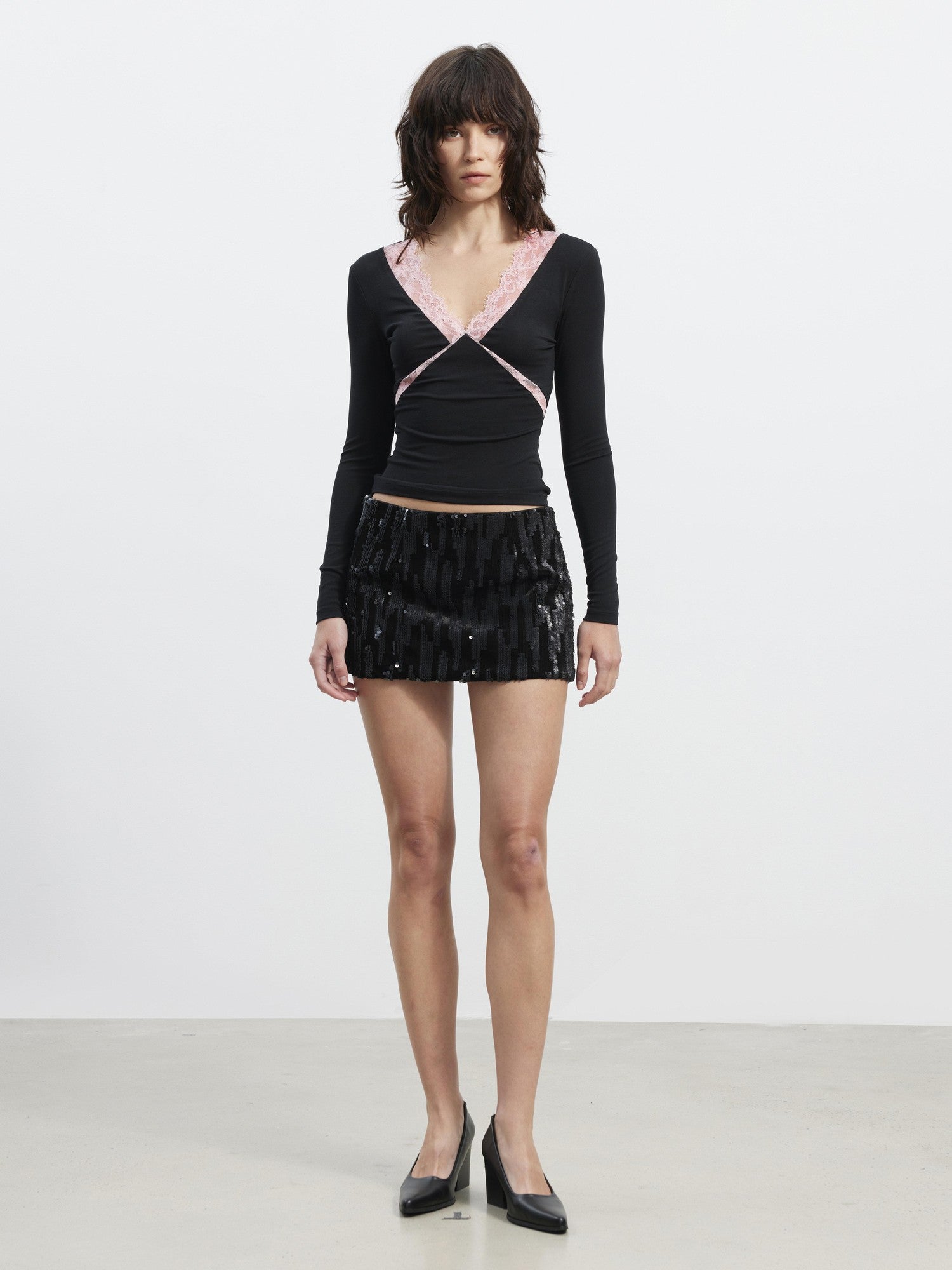 AFTADAWN Deep V Lace Splice Colorblock Slim Fit Women&