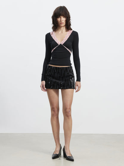 AFTADAWN Deep V Lace Splice Colorblock Slim Fit Women&
