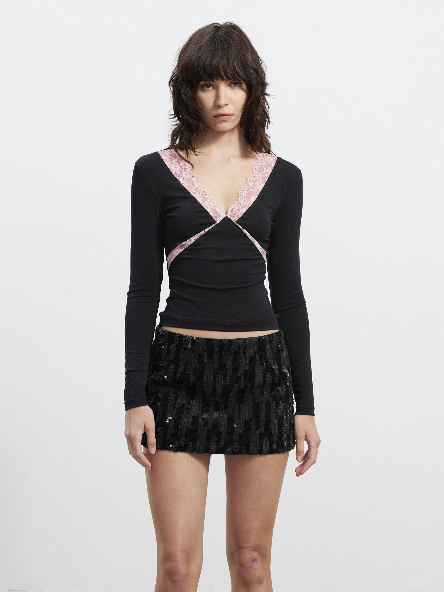 AFTADAWN Deep V Lace Splice Colorblock Slim Fit Women&