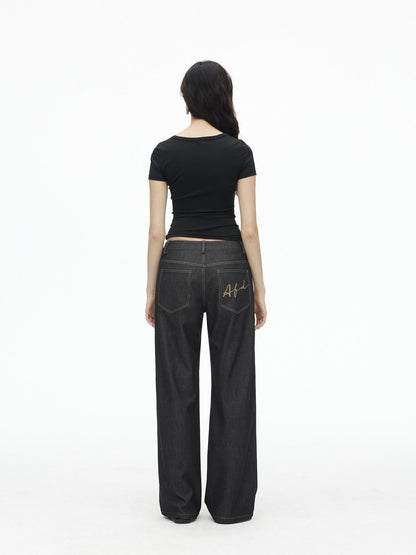 AFTADAWN Denim Blue Back Pocket Logo Embroidery Women&