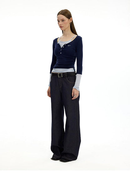 AFTADAWN Denim Blue Back Pocket Logo Embroidery Women&