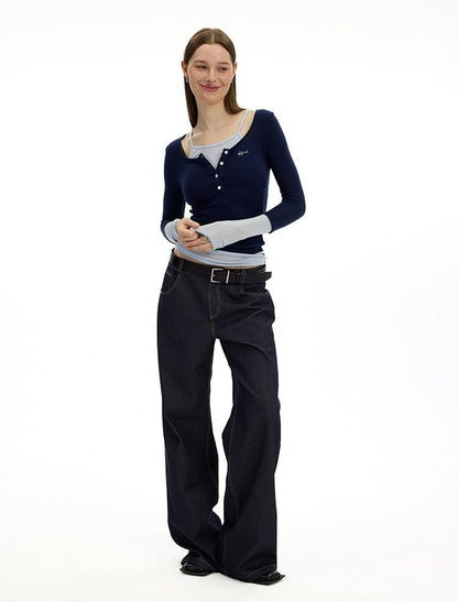 AFTADAWN Denim Blue Back Pocket Logo Embroidery Women&