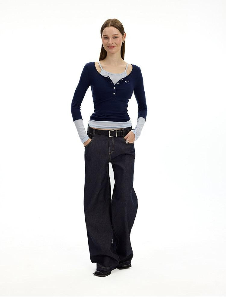 AFTADAWN Denim Blue Back Pocket Logo Embroidery Women&