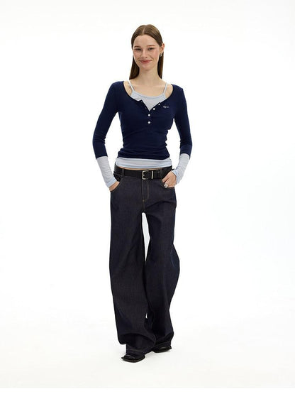 AFTADAWN Denim Blue Back Pocket Logo Embroidery Women&