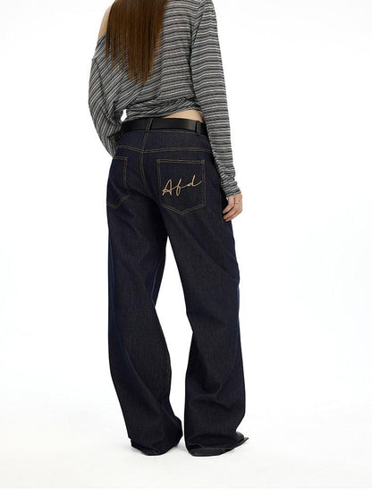 AFTADAWN Denim Blue Back Pocket Logo Embroidery Women&
