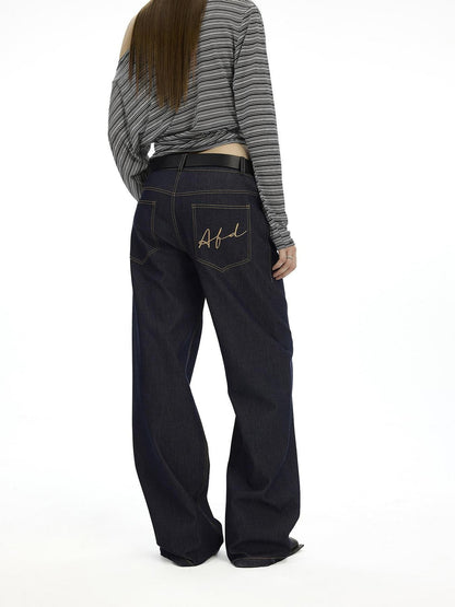 AFTADAWN Denim Blue Back Pocket Logo Embroidery Women&