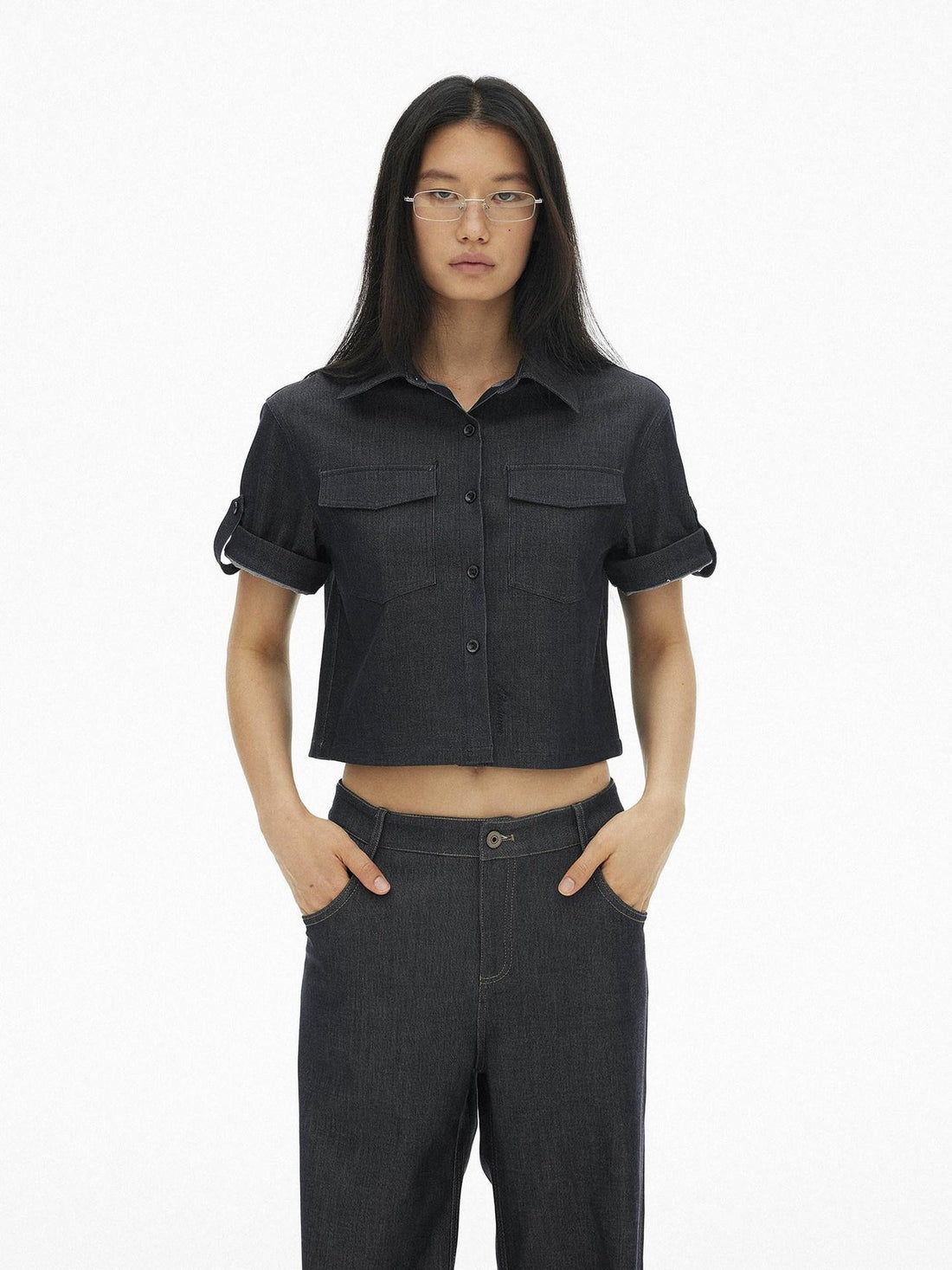 AFTADAWN Denim Utility Patch Pocket Loose Short Sleeve Women&