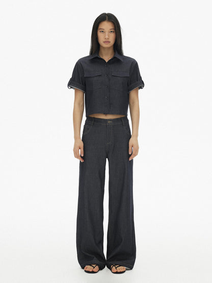 AFTADAWN Denim Utility Patch Pocket Loose Short Sleeve Women&
