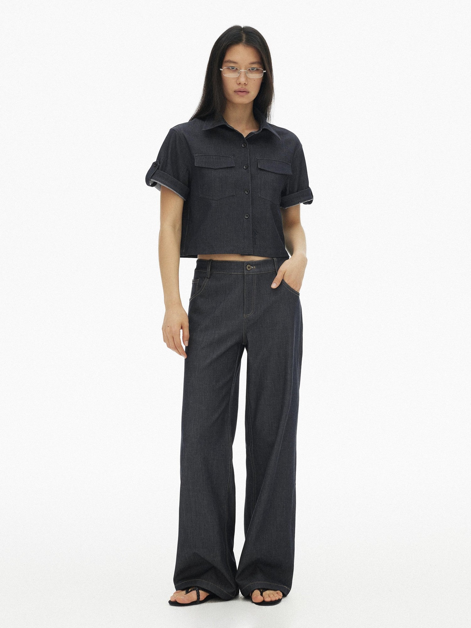 AFTADAWN Denim Utility Patch Pocket Loose Short Sleeve Women&