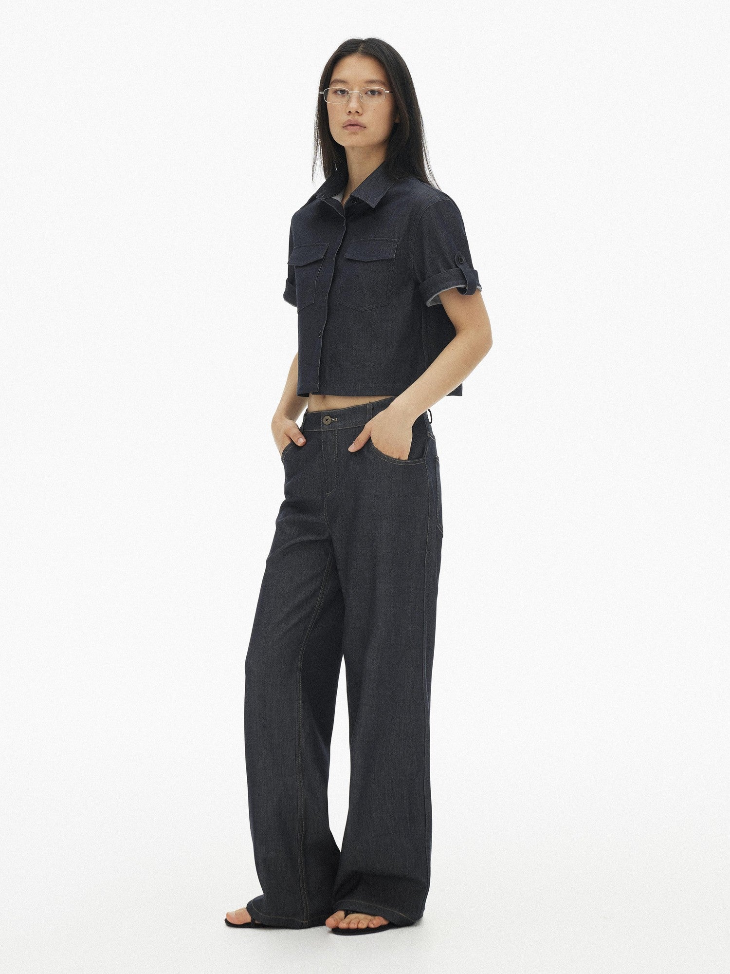 AFTADAWN Denim Utility Patch Pocket Loose Short Sleeve Women&