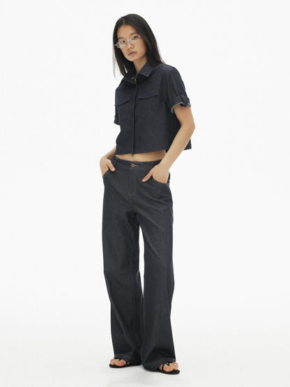 AFTADAWN Denim Utility Patch Pocket Loose Short Sleeve Women&