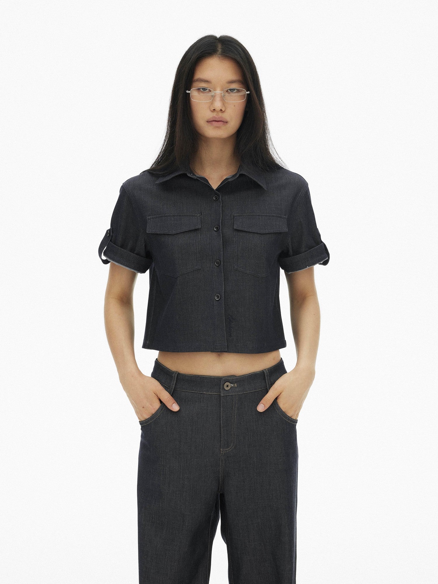AFTADAWN Denim Utility Patch Pocket Loose Short Sleeve Women&