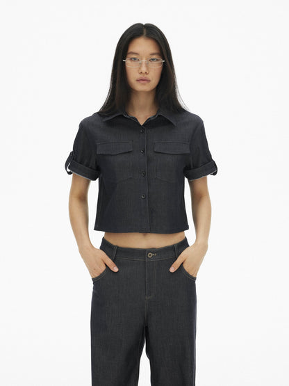 AFTADAWN Denim Utility Patch Pocket Loose Short Sleeve Women&