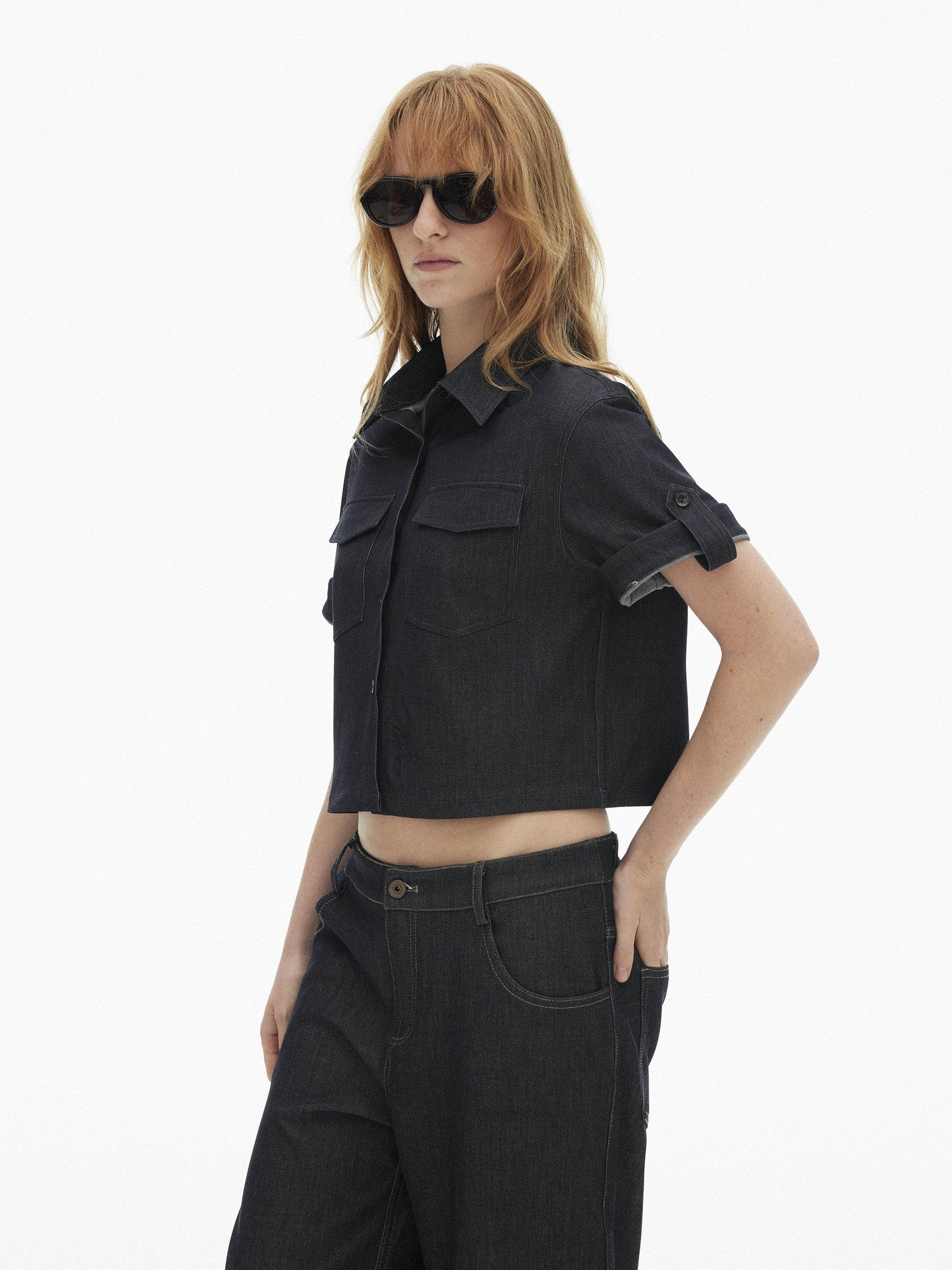 AFTADAWN Denim Utility Patch Pocket Loose Short Sleeve Women&