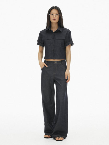 AFTADAWN Denim Utility Patch Pocket Loose Short Sleeve Women&