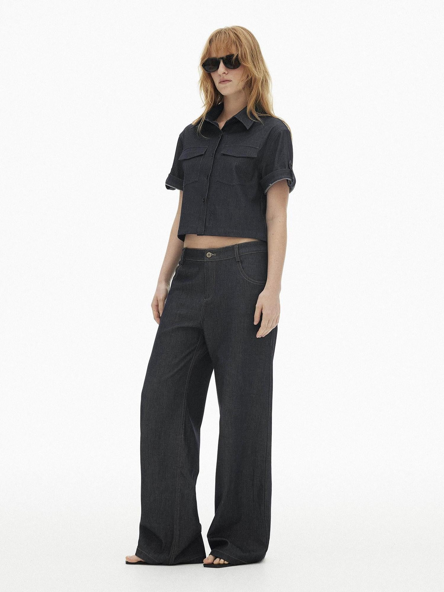 AFTADAWN Denim Utility Patch Pocket Loose Short Sleeve Women&